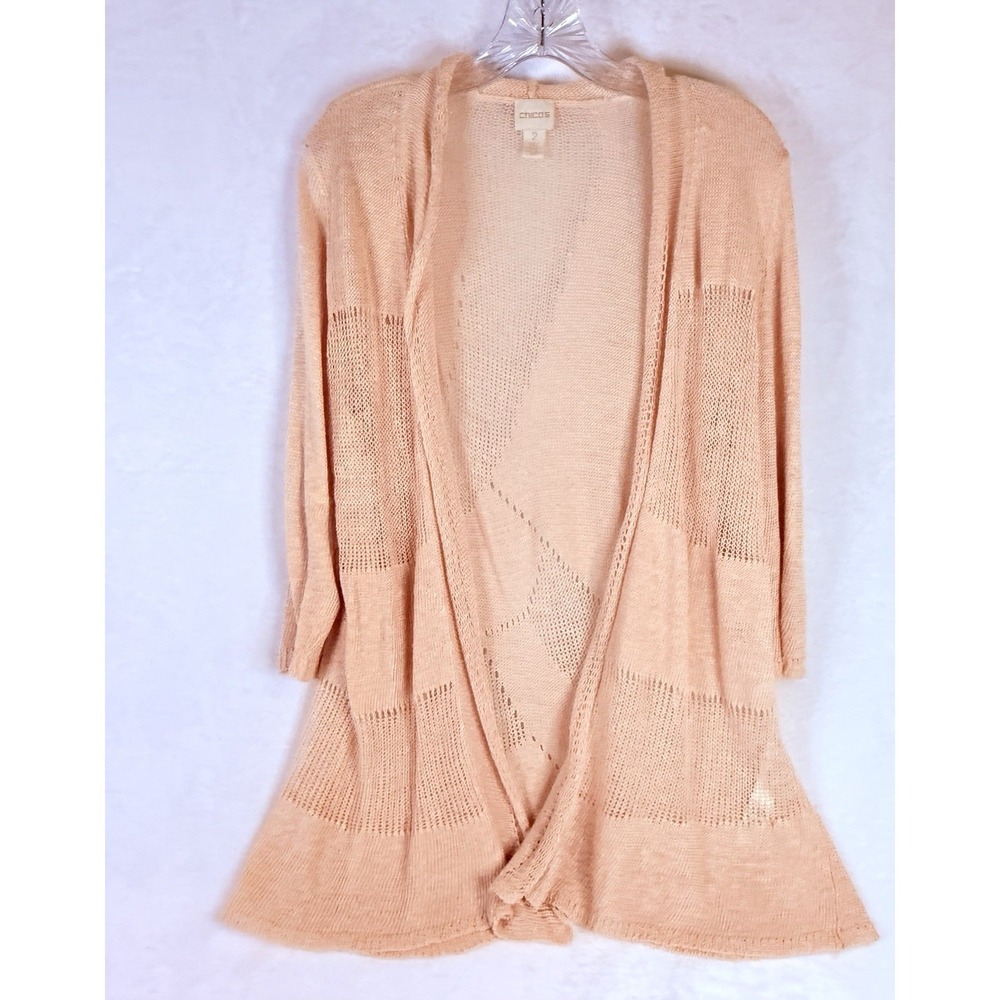 Chicos Linen Cardigan Size 2 Peach Open Knit Lightweight Boho Layer